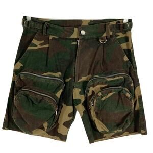 MNML Shorts Men S Cargo Camo Brown Green Zip Puffed Pocket Raw-Hem Silver-Btn